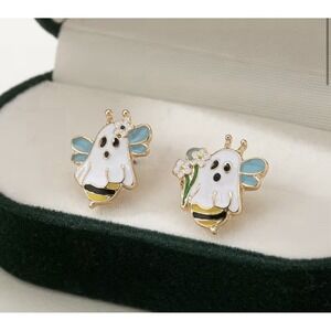 Cute Ghost Bee Enamel Stud Earrings Asymmetrical Halloween Kawaii Jewelry New